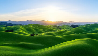 Sunlit rolling green hills and valleys at sunrise