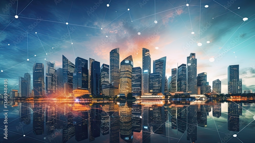 Poster big city skyscraper downtown panoramic view. digital interface with line connection with cubes in th