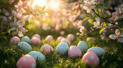 A photo of Easter eggs scattered on the grass, surrounded by blooming apple trees and flowers, with sunlight filtering through them