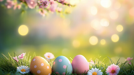 Easter background with colorful eggs on the grass, surrounded by flowers