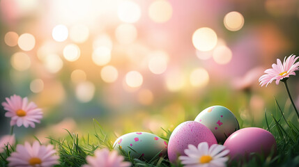 Easter background with colorful eggs on the grass, surrounded by flowers