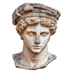 Ancient statue of an unknown Roman citizen, head sculpture isolated on a white background with clipping path