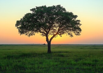 Obraz premium Lone tree silhouetted against a vibrant sunset over a grassy plain.