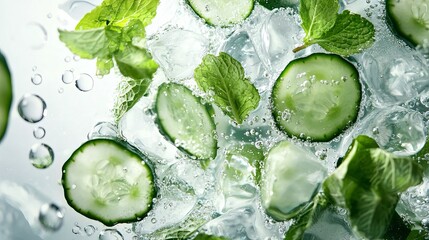 Fresh cucumber slices and mint leaves submerged in ice-cold water with bubbles, creating a refreshing drink vibe.