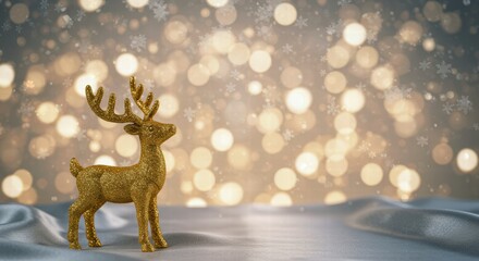 A golden reindeer figurine stands on silky gray fabric with a glowing bokeh background of soft snowflakes and warm lights creating a magical holiday atmosphere