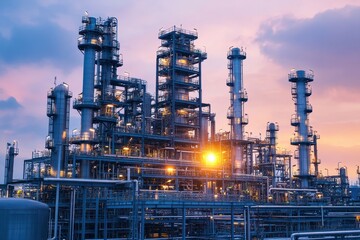 Industrial complex at twilight with detailed piping and complex structures. Ideal for energy, manufacturing, and infrastructural development themes.