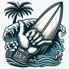 Shaka hand and surfboard in the sea stock illustration