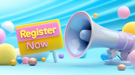 Megaphone announces registration, colorful background (1)