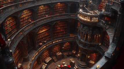 Obraz premium Circular Library Interior with Dimly Lit Bookshelves and Ornate Details