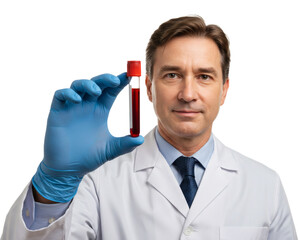 Doctor in Lab Coat Holding Blood Sample Tube with Blue Gloves