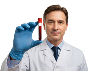 Doctor in Lab Coat Holding Blood Sample Tube with Blue Gloves