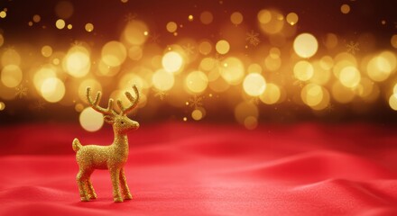 A golden reindeer miniature stands on a silky red surface with warm bokeh lights and snowflakes in the background creating a festive Christmas scene