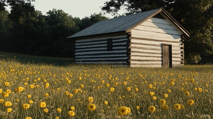 Rustic log cabin nestled in a field of wildflowers