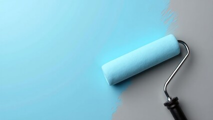 Obraz premium Close-up of paint roller applying fresh color to gray surface, showcasing home improvement and renovation process in action.