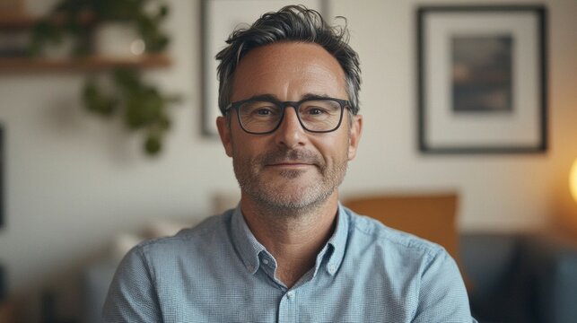 Portrait of a Smiling Middle Aged Man in a Blue Plaid Shirt