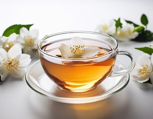 Clear glass cup of jasmine tea surrounded by white flowers on a light background