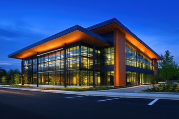 Naklejka premium Modern office building exterior with glass windows during twilight hour. Use for architecture, real estate, corporate, and construction concepts.