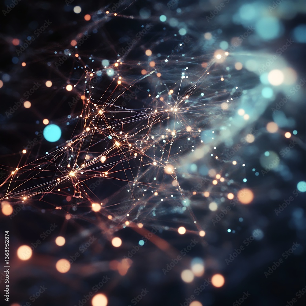 Poster abstract network of glowing points and lines. complex interconnected nodes. dynamic, futuristic, and