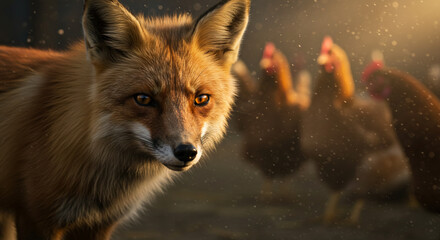 Obraz premium Red fox with chickens in rural scene.