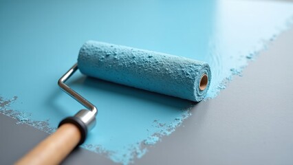 Close-up of paint roller applying fresh color to gray surface, showcasing home improvement and renovation process in action.