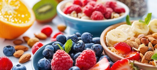 Fototapeta premium Balanced Breakfast with Oatmeal, Fresh Fruits, and Nuts for a Healthy Start