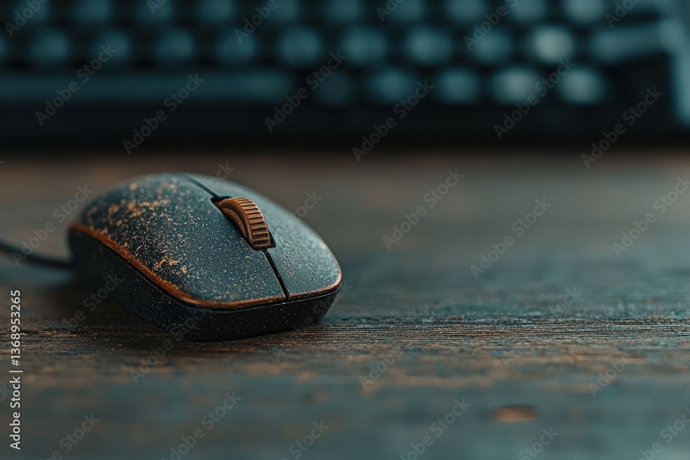 Aufkleber dusty computer mouse rests on a weathered wooden desk, hinting at a long-forgotten workspace filled 