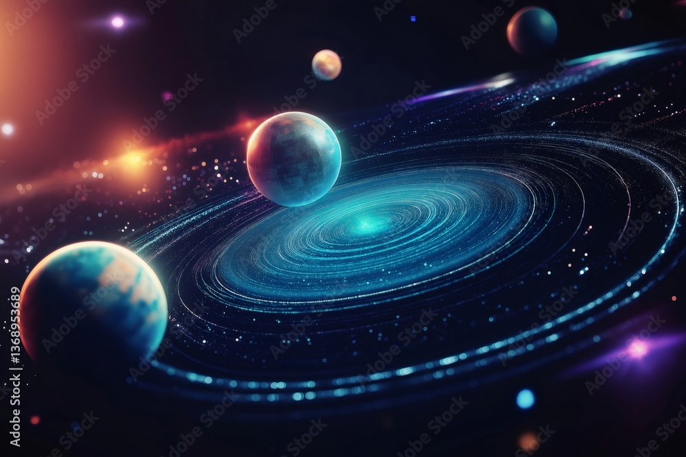Poster futuristic space exploration and discovery of new planets orbiting a luminous vortex in outer space