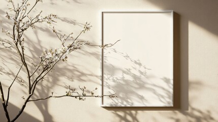 White Frame Mockup with Cream Background and Branch Shadows