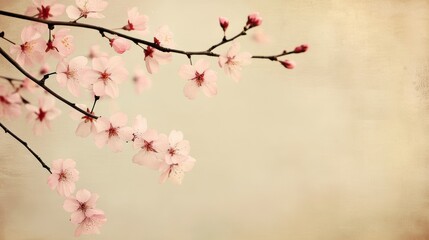 Delicate pink cherry blossoms on branches against a soft, textured background.