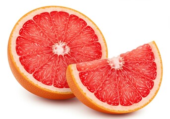 Close up of a sliced grapefruit and a grapefruit wedge on white surface