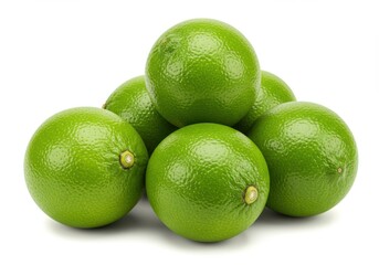 A group of fresh green limes stacked together on a white background