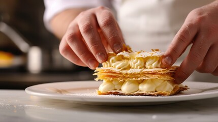 Expert Pastry Chef Demonstrates Mille Feuille Layering for Culinary Enthusiasts