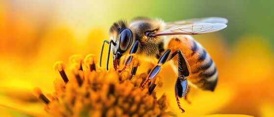 A close-up shot of a busy bee collecting nectar from a bright yellow flower