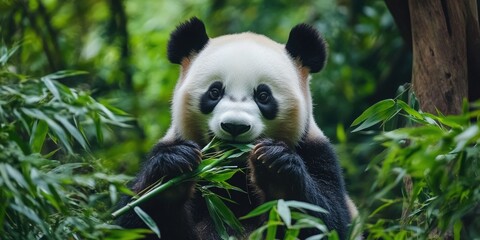A panda bear munching on bamboo shoots in a dense forest
