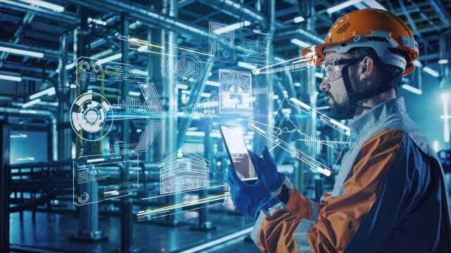 Male technician in safety helmet and protective gear interacting with holographic digital interfaces in high-tech industrial environment, analyzing complex data visualizations