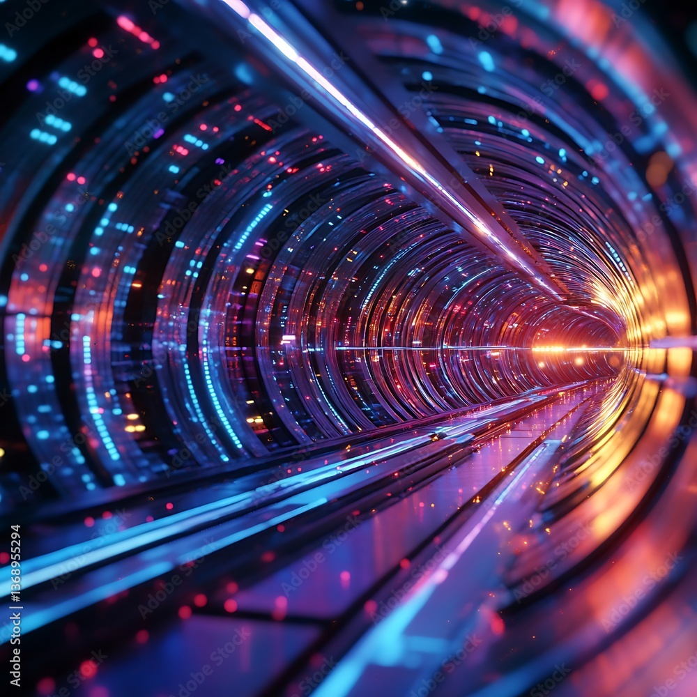 Poster futuristic digital tunnel with vibrant lights and data streams