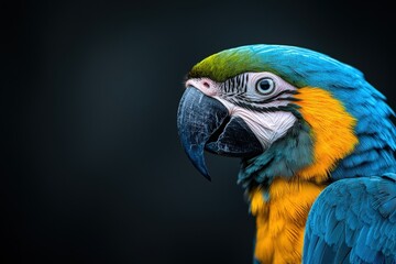 Obraz premium Vibrant blue and yellow parrot gazes curiously against a dark backdrop showcasing its colorful feathers and expressive eyes Generative AI