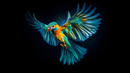 Fototapeta premium Colorful Pixelated Bird in Flight Against Black Background