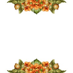 Watercolor floral composition with tropical plants for background, wedding, fabric, textile, greeting, card, wallpaper, banner, sticker, decoration, etc.