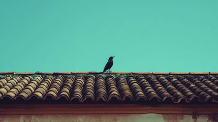 Dark bird perches on weathered tile roof.