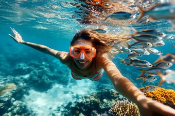 Naklejka premium A pretty and sexy happy black young woman with short hair in a swimming mask and fins snorkeling among the corals. Bright commercial style image. Many tropical fish swim next to her.
