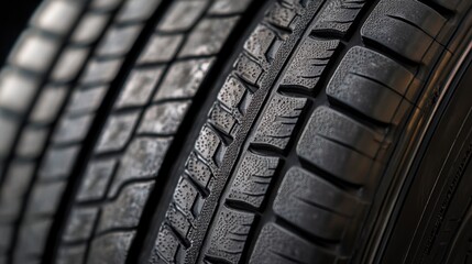Close-up of three car tires with different tread patterns, showcasing texture and detail.