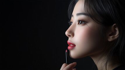 Obraz premium 口紅を塗る横顔を捉えた日本人女性の美容ポートレート