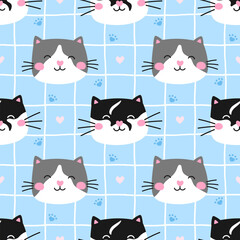 Vector seamless pattern of cat, kittens, paws, and flowers in pastel colors. Great for wallpapers, nursery items, and children fashion accessories