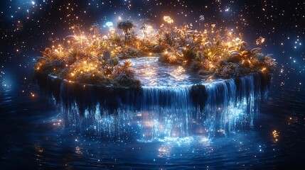 Glowing Enchanted Island Waterfall: A Surreal Digital Artwork
