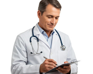 Doctor in White Coat with Stethoscope and Pen on White Background