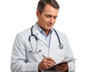 Doctor in White Coat with Stethoscope and Pen on White Background
