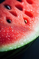 Fresh watermelon slice with glistening water droplets, perfect for summer snacking or photography props