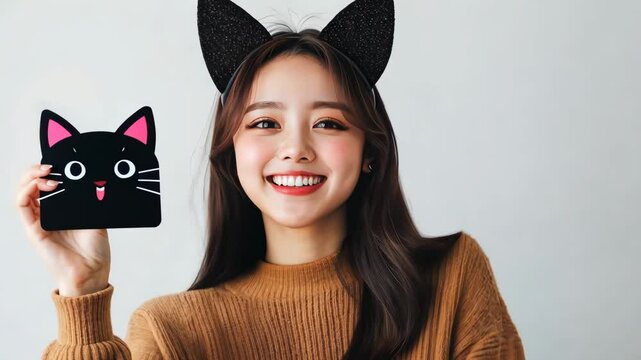 Smiling woman with cat ears playfully showcasing cat face card