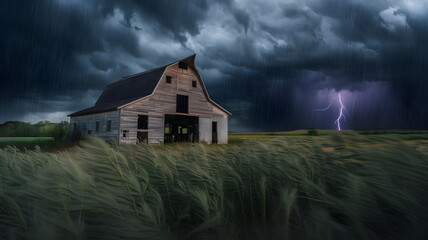 Fototapeta premium Stormy landscape featuring an old barn amidst tall grass, with dark clouds and lightning striking in the background